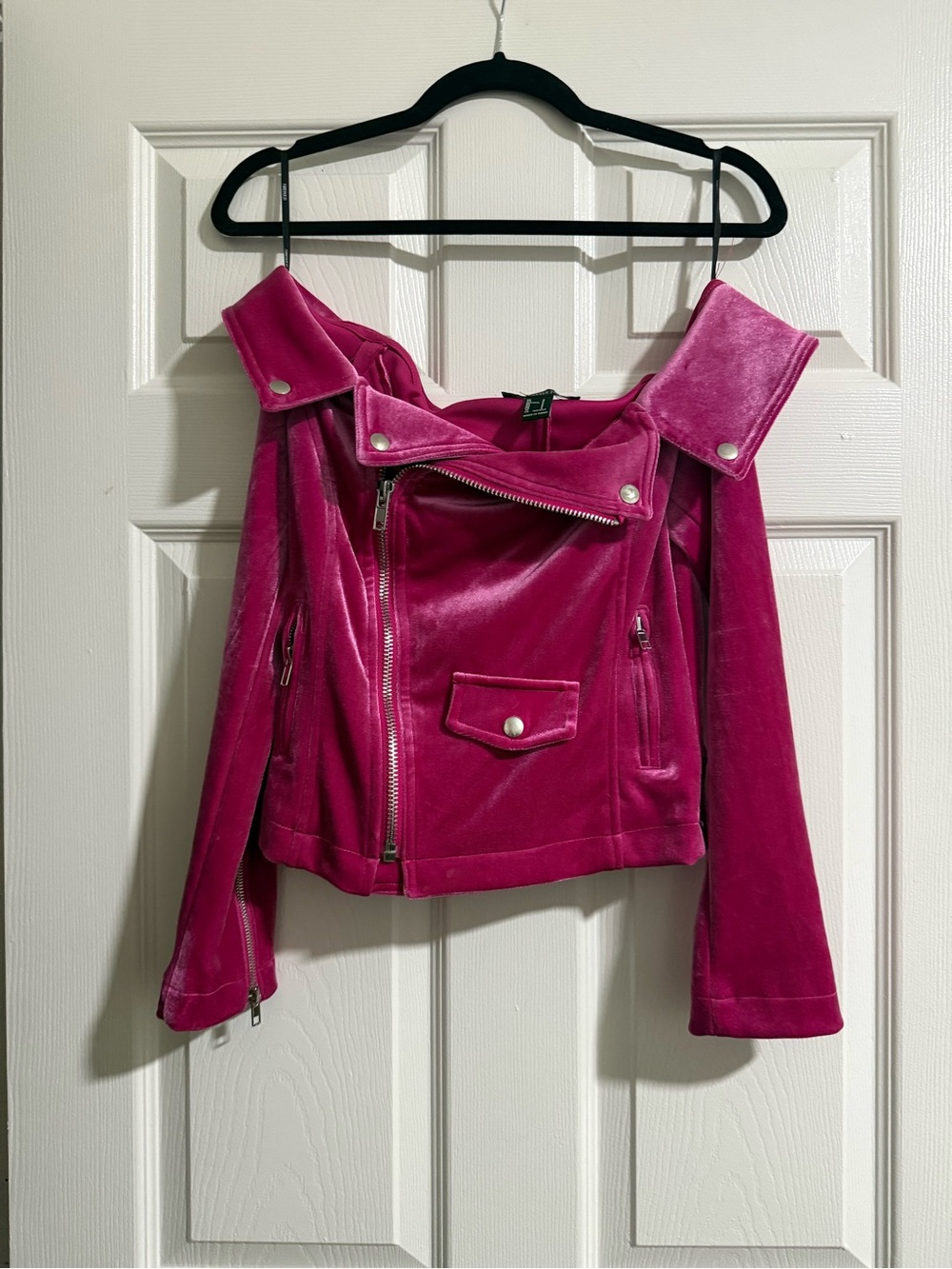 Pink velour off shoulder moto jacket